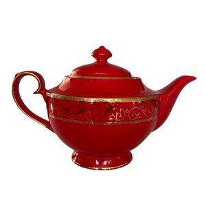 VintageTeavana Ruby w/ Gold Filigree Teapot Fine Bone China 6-1/2" Tall